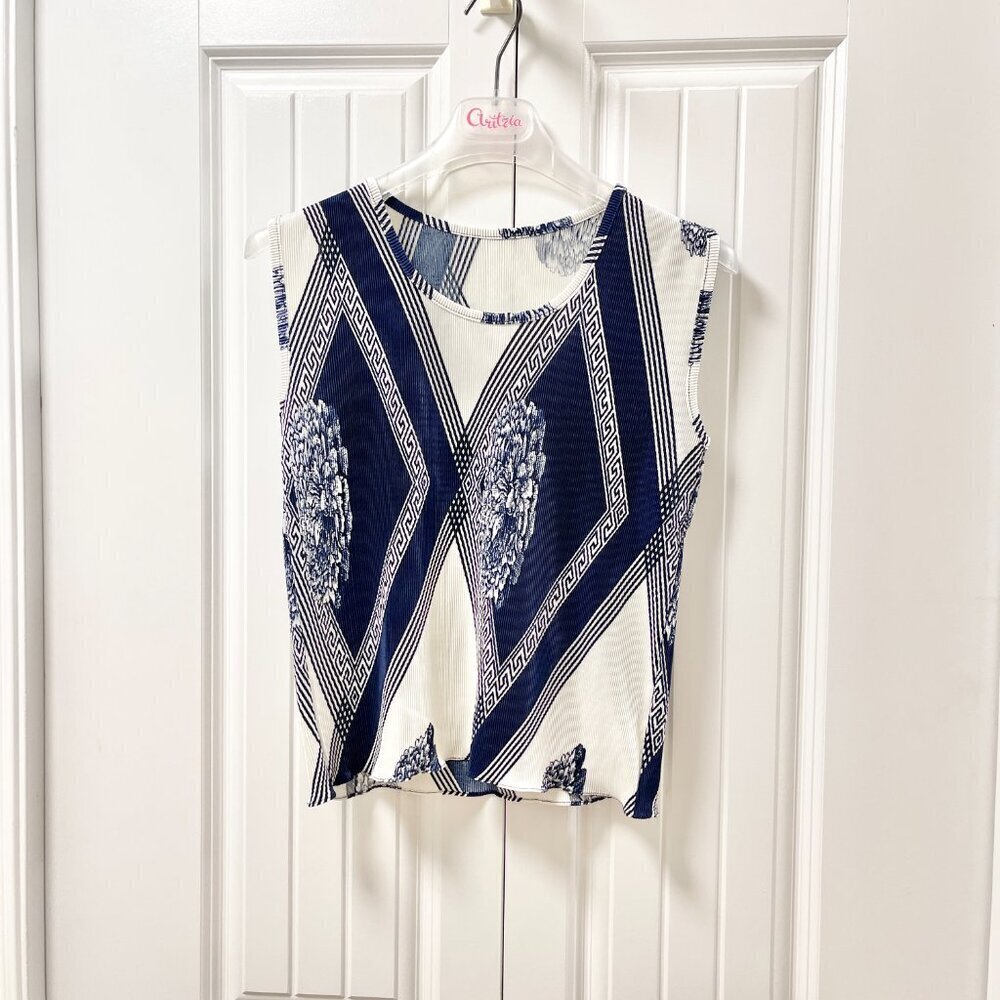 Vintage Ruched Crinkle Sleeveless Print Top Navy White - M